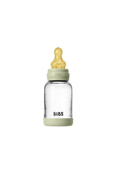 Bibs Complete set of anti-colic glass bottle with latex nipple, slow flow, 120 ml, Sage