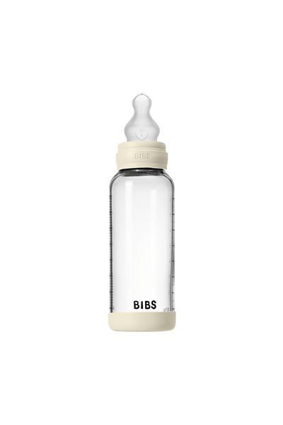 Bibs Complete set of anti-colic glass bottles with silicone nipples, medium flow, 240 ml, Ivory