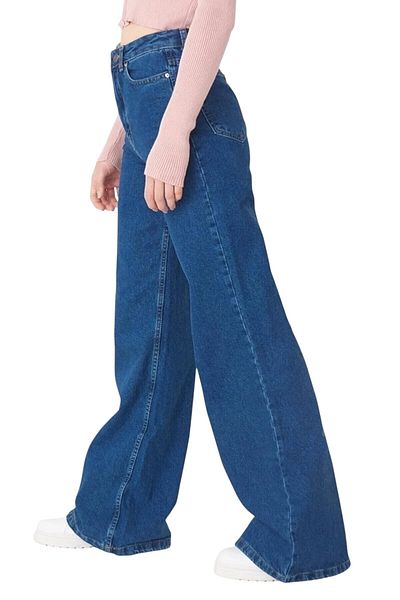 byhaziran butik Queline Women's Dark Blue Extra High Waist Stretchy Waist Pocket Detail 90's Loose Leg Denim Pants