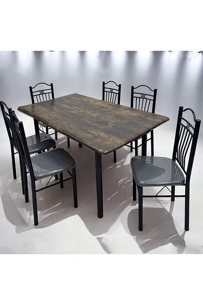 DEC5 Wooden dining table. Iron legs. 6 chairs. Size: 90*150 cm.