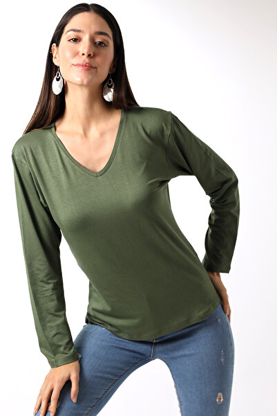 Marvine Women's Long Sleeve V Neck Combed Cotton Blouse Khaki