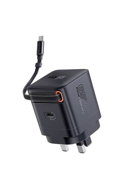 Promate 65W GaN Super Fast Charger with Retractable USB-C Cable, USB-C Power Delivery Port,