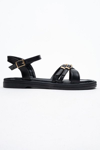CCWAY AYAKKABI Double Buckle Cross Women's Sandals Black Skin