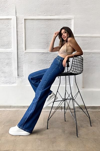 byhaziran butik Alethea Teenage Girls Dark Blue High Waist Elastane Blended Unlined 90's Wide Leg Denim Pants