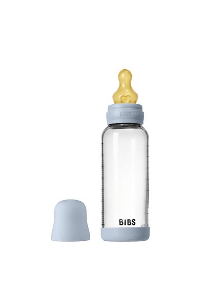 Bibs Complete set of anti-colic glass bottle with latex nipple, medium flow, 240 ml, Baby Blue