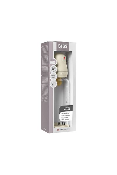 Bibs Complete set of anti-colic glass baby bottles with latex nipples, medium flow, 240 ml, Ivory