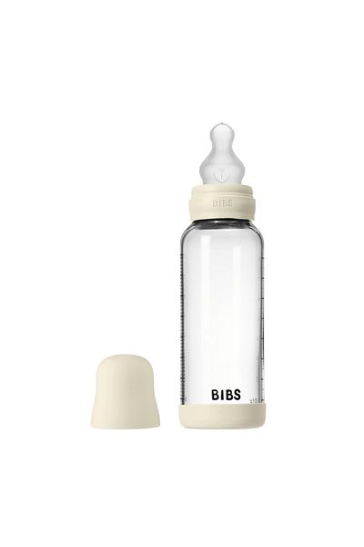 Bibs Complete set of anti-colic glass bottles with silicone nipples, medium flow, 240 ml, Ivory