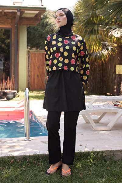 Yefrastore Kadın Tesettür Lime Dilimi Baskılı Paraşüt Tam Kapalı 3 Parça Mayo Takım