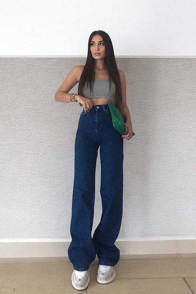 byhaziran butik Lalia Women's Extra High Waist Dark Blue Lycra Daily Comfortable Loose Leg Jeans