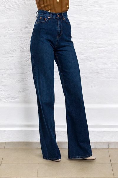 byhaziran butik Wlient Young Girl Dark Blue High Waist Lycra 5 Pocket Loose Leg Jean