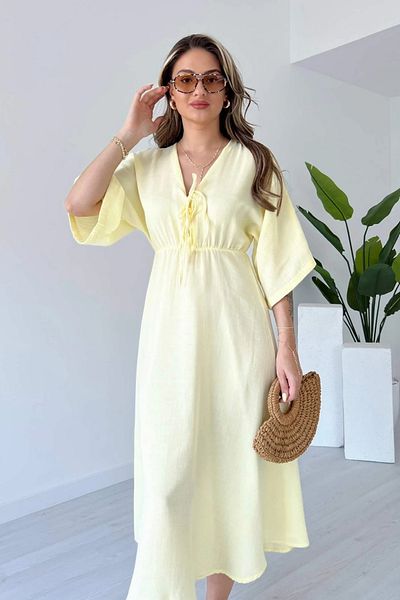 Sorridi Front Tie V-Neck Muslin Fabric Half Sleeve Dress