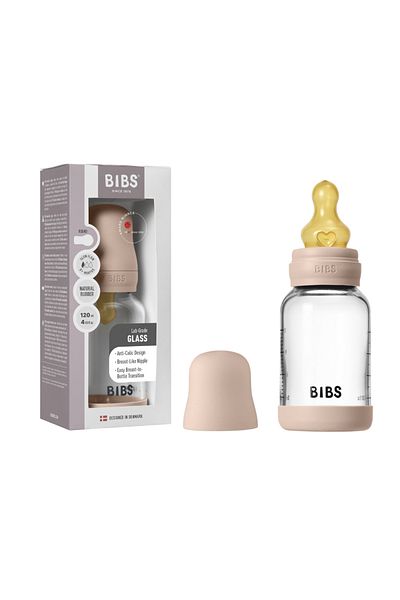 Bibs Complete set of anti-colic glass baby bottles with latex nipples, slow flow, 120 ml, Blush