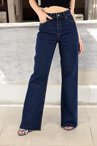 byhaziran butik Siblly Young Girl Dark Blue High Waist Elastane Blended Unlined Wide Leg Jean