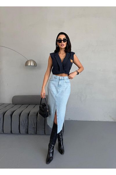 XBELLA DENİM Fusta de denim de lungime midi pentru damă cu detaliu de fantă în față