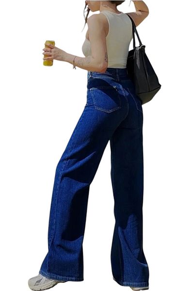 byhaziran butik Haile Women's Dark Blue Extra High Waist Stretchy Waist Pocket Detailed Loose Leg Jeans