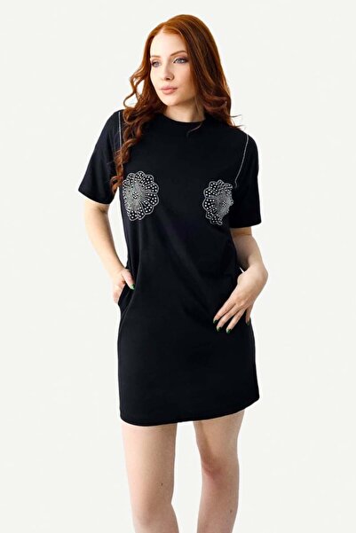 FashionForYou Rochie sport Karolyn, cu buzunare si strasuri, Temptation Negru