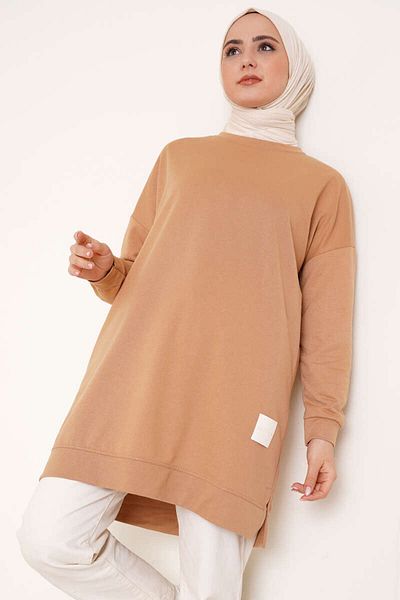 Smymoda Women's Seasonal Loose Crew Neck Embroidered Long Hijab Tunic Long Sports Model Seasonal Tunic