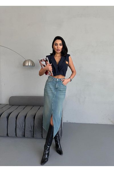 XBELLA DENİM Fusta de denim de lungime midi pentru damă cu detaliu de fantă în față