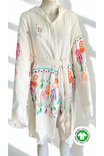 TruyTowel %100 PAMUK MÜSLİN TAŞ TAVUZ KUŞU TÜYÜ DESENLİ BORNOZ