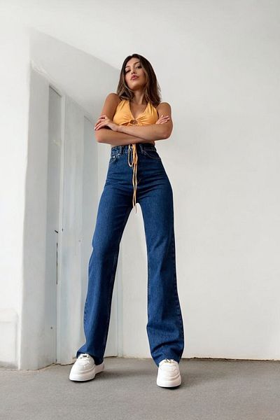 byhaziran butik Aisling Women's Dark Blue Extra High Waist Stretchy Waist Comfortable 90's Wide Leg Denim Pants