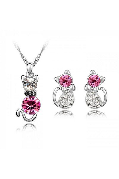 Kelan Silver Set for Women – Necklace, Pendant, and Earrings Cat Model with Pink Crystals