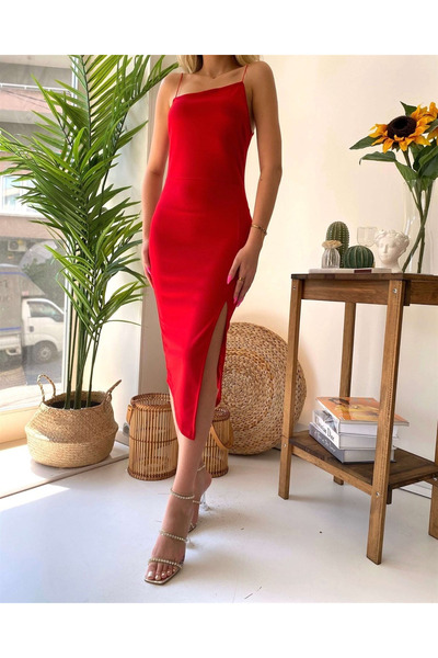 My Blog Red Slim Strap Front Asymmetrical Cutout Slit Dress - 00286