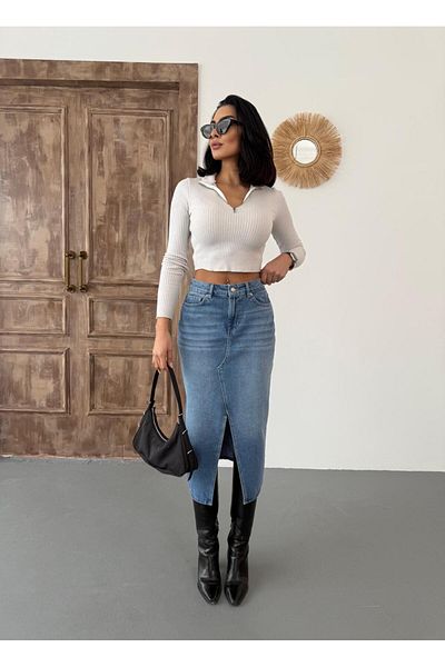 XBELLA DENİM Fusta de denim de lungime midi pentru damă cu detaliu de fantă în față