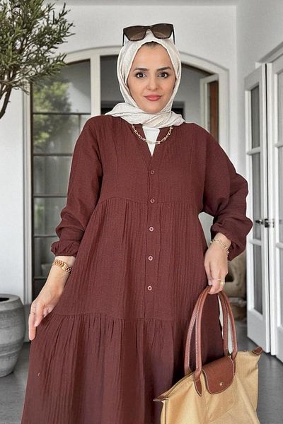 Aselim Hijap Moda Φόρεμα μουσελίνας με κουμπιά Roba Cut 4 στρώσεων – Καλοκαιρινό μοντέλο 100% βαμβάκι (μέγεθος 36-52) Ανοιχτό καφέ