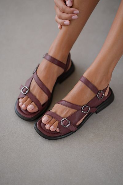 selinshoes Sandale Bloss din piele naturală pentru femei, din 3 piese, cu cataramă din cauciuc - ROȘU Claret