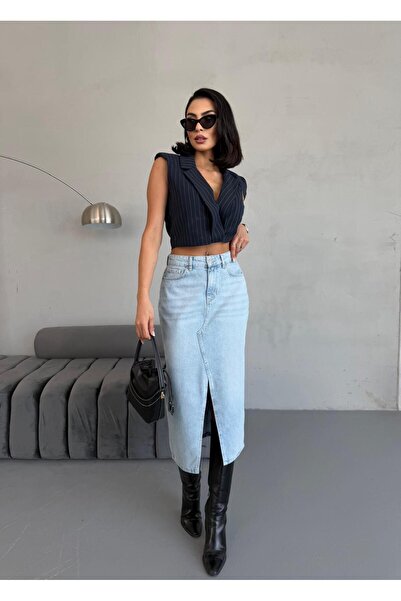 XBELLA DENİM Fusta de denim de lungime midi pentru damă cu detaliu de fantă în față