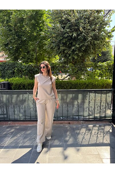 Butik Bej taşlı vatkalı beli lastikli eşofman takımı