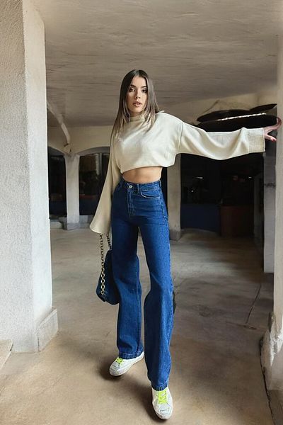 byhaziran butik Cai Women's Dark Blue Extra High Waist Stretchy Loose Wide Leg Jeans