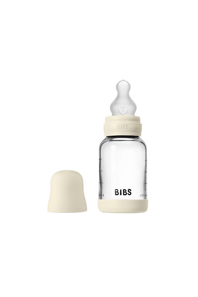 Bibs Complete set of anti-colic glass bottle with slow flow silicone teat, 120 ml, Ivory