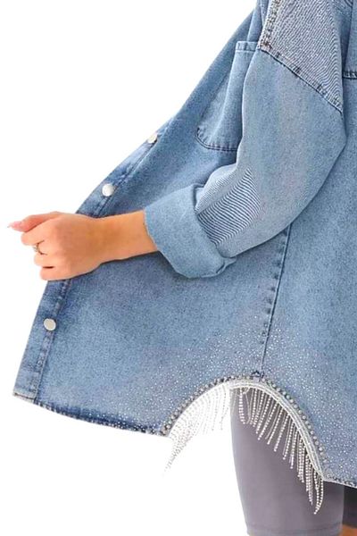 FashionForYou Jachetă lungă din denim Trency, croială cămașă, cu paiete și franjuri asimetrice, Albastru deschis, Mărimea S