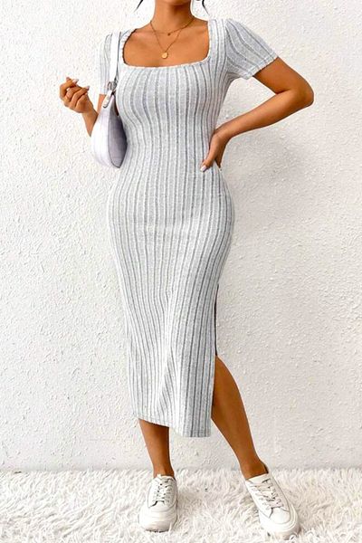 FashionForYou Casual dress FeeL knit ALIZA, with side slit and short sleeves, Gray, M/L