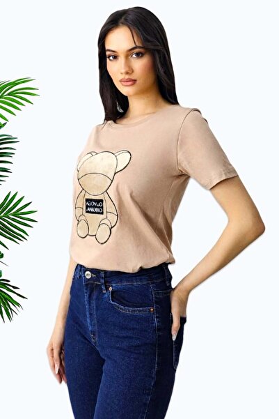 FashionForYou Tricou Kyra, cu imprimeu "ursulet", Bej