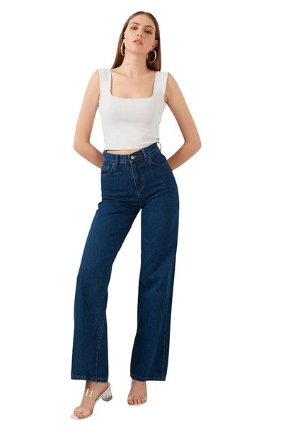 byhaziran butik Gaia Women's Dark Blue Extra High Waist Stretchy Loose Wide Leg Jeans