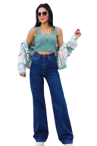 byhaziran butik Frank Women's Dark Blue Extra High Waist Stretchy Waist Comfortable Wide Leg Jeans