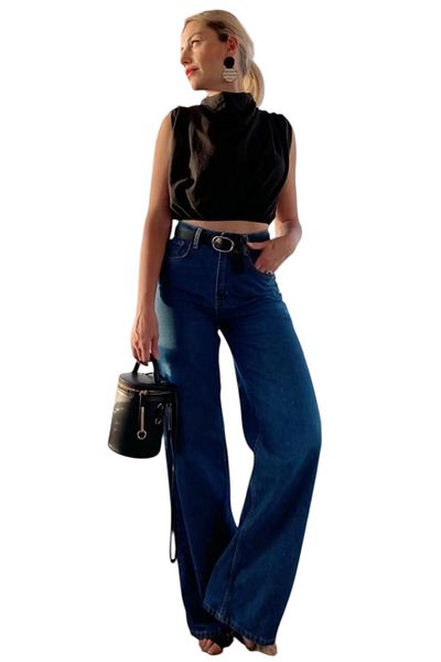 byhaziran butik Atalanta Young Girl Dark Blue High Waist Elastane Blended Unlined 90's Loose Leg Jeans