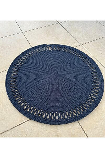 HHKARTS سجادة حمام مستديرة منقوشة بحواف من الجوت باللون الأزرق الداكن