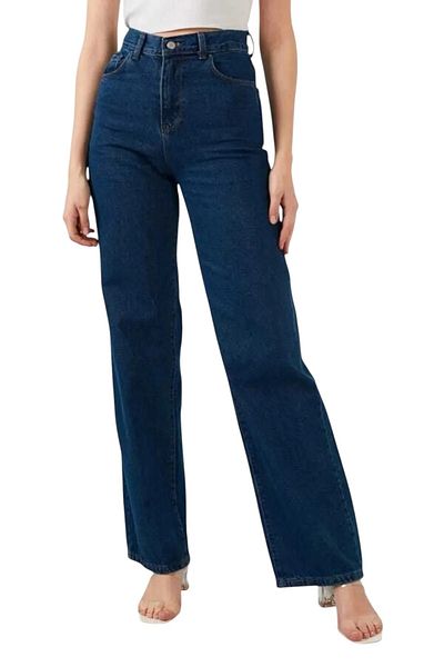 byhaziran butik Gaia Women's Dark Blue Extra High Waist Stretchy Loose Wide Leg Jeans