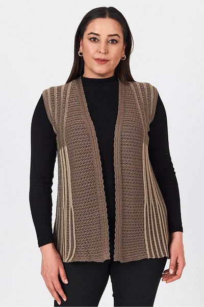 Uludağ Triko Women's Brown Double Color Openwork Embroidered Seasonal Knitwear Mother Summer Vest