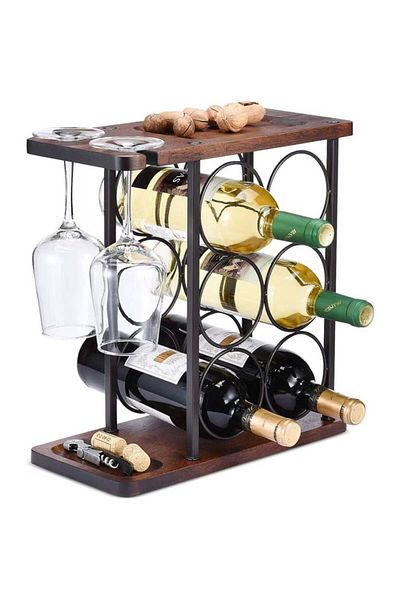 divendi-ro Holder for 6 wine bottles and 2 glasses, steel and wood, 34x16x35 cm, black-brown