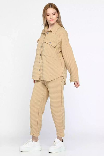 GÜLSELİ K.Beige Women's Double Pocket Snap Fastener Quilted Shirt Pants Set of Two