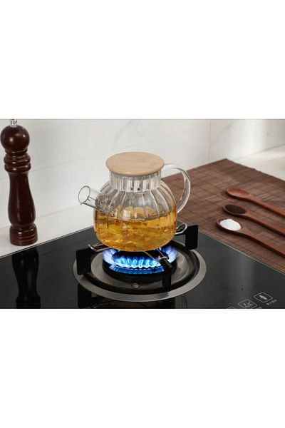ATABY 1Lt Stove Can Be Placed Striped Glass Teapot with Bamboo Lid