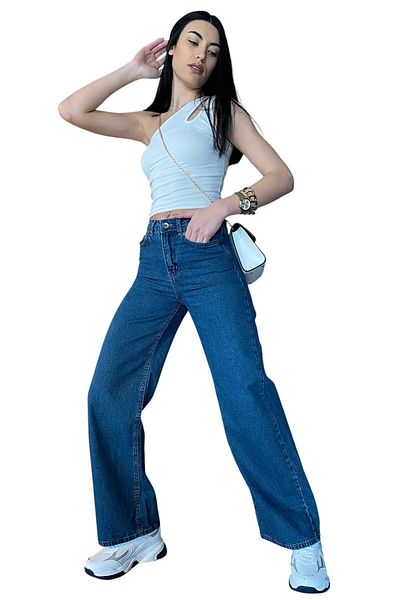 byhaziran butik Faisy Women's Dark Blue Extra High Waist Stretchy Denim Fabric Wide Leg Jean