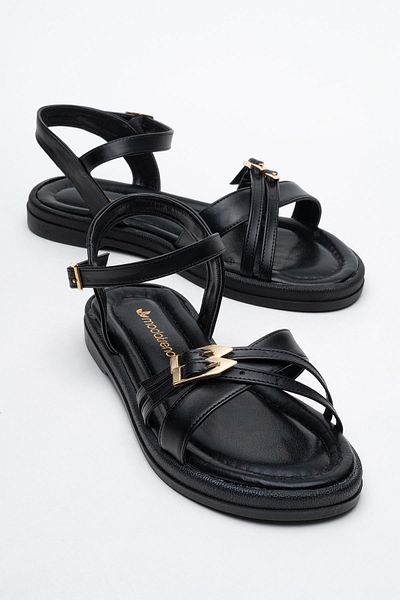 CCWAY AYAKKABI Double Buckle Cross Women's Sandals Black Skin