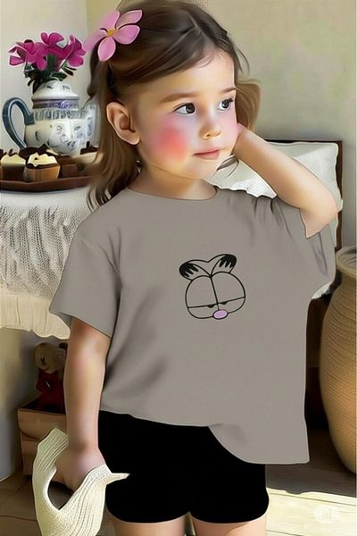 NO 601 Girl's Gray Grlfd Printed Tshirt Shorts Bottom-Top Set for 5-6 / 11-12 Years