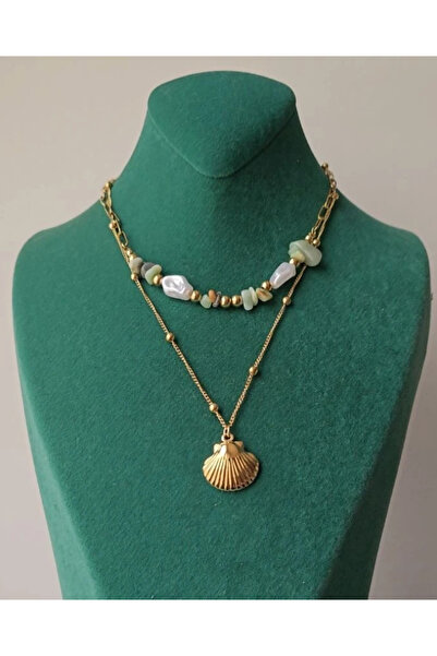 deva takı Steel 2 Oyster Green Stone Necklace