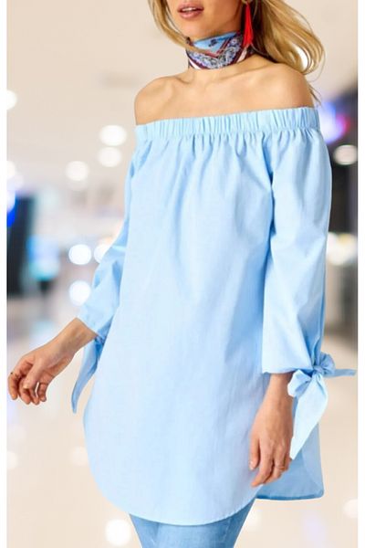 AQE FASHION Mini rochie de vară pentru femei, albastru bebeluș, cu guler Madonna, cu mâneci scurte